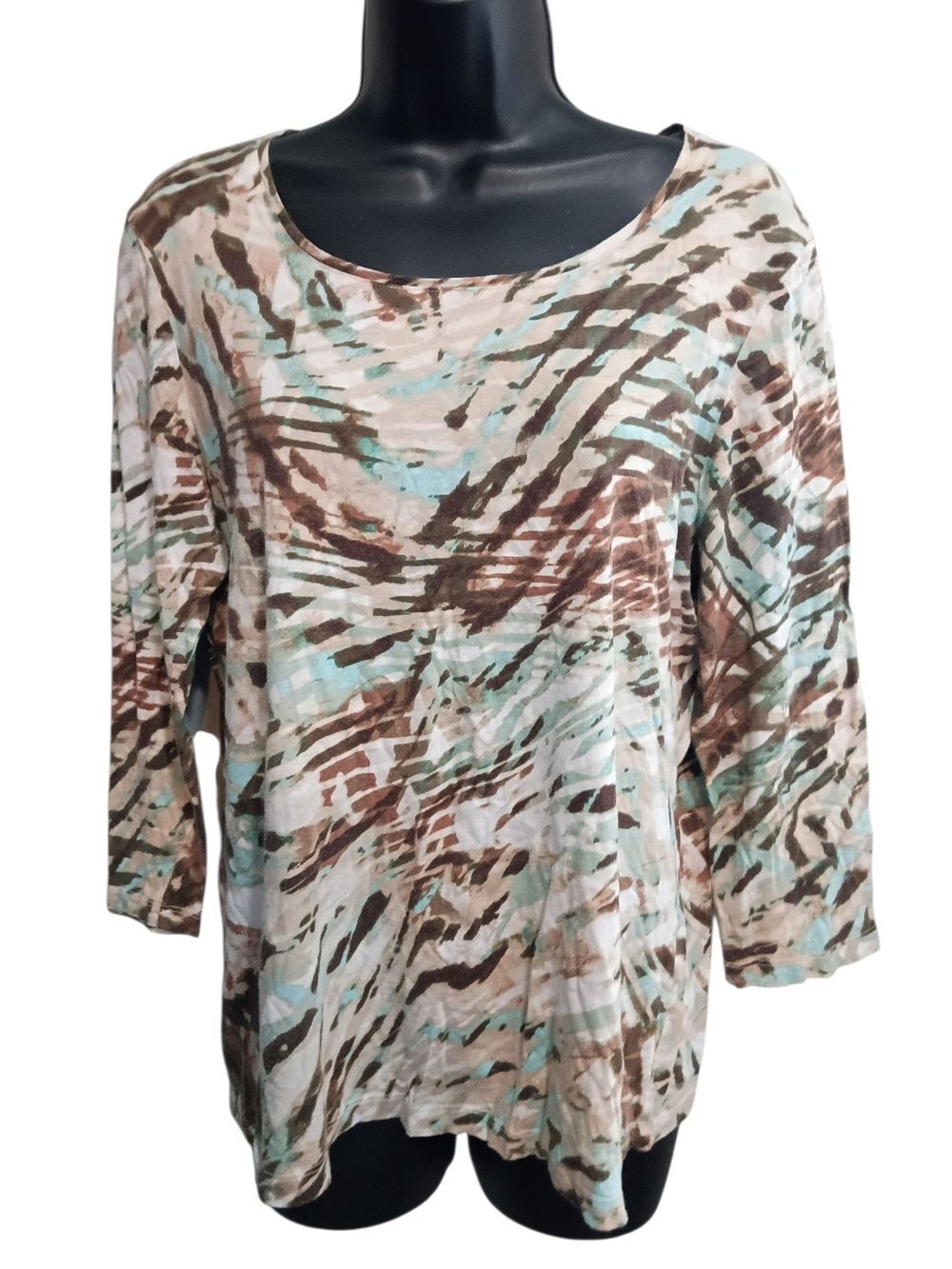 Chico's Shirt Size 2 (M) Women's Scoop Neck Top Brown/Mint Artsy Has Wash Wear